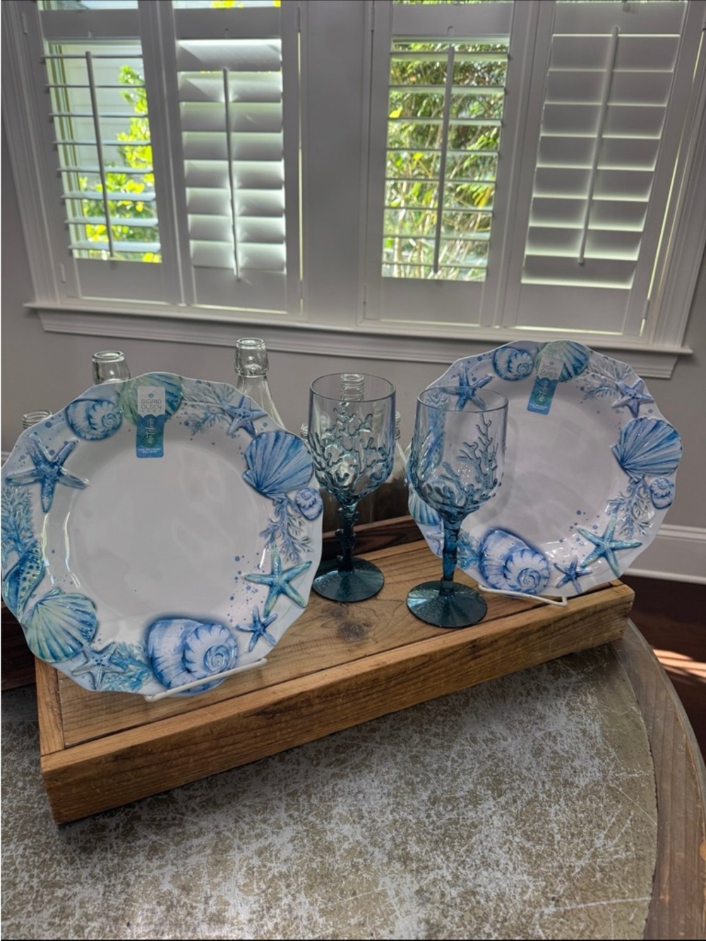 SIGRID OLSEN MELAMINE SEASHELL/ STARFISH BLUE/WHITE  DINNER PLATES WINE GLASSES